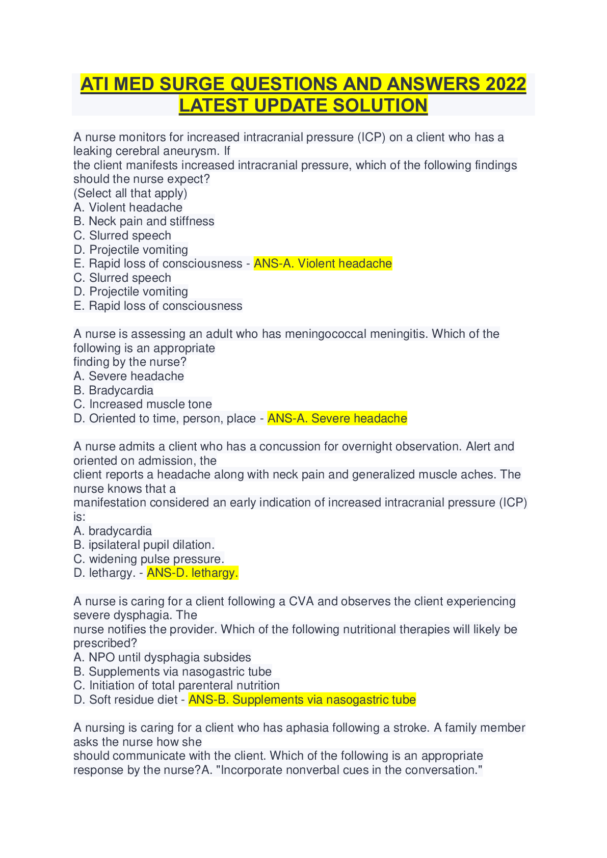 Preview image for ATI MED SURGE QUESTIONS AND ANSWERS 2022  LATEST UPDATE SOLUTION